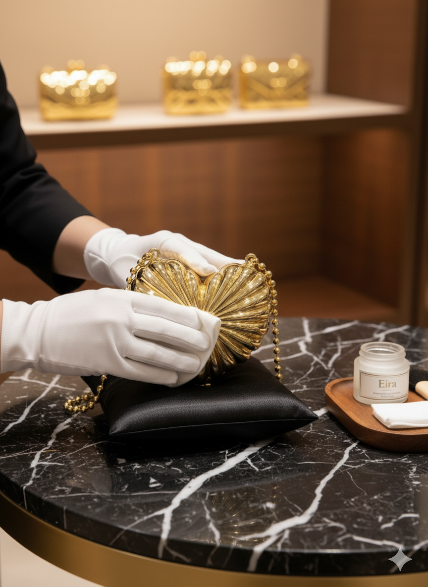 Person wearing white gloves holding a gold heart shaped metallic  handbag on a marble table with a cleaning products