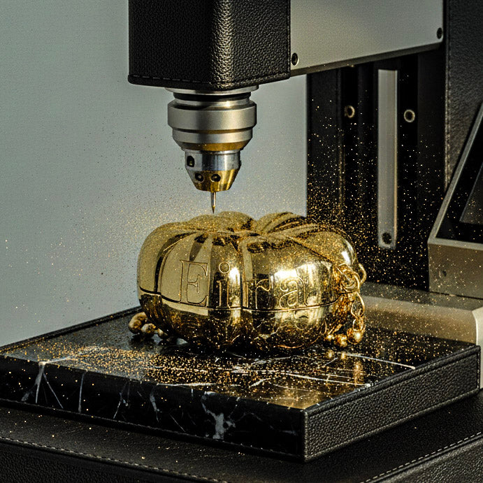 Gold floral-shaped metallic bag being engraved by a machine on a marble platform.