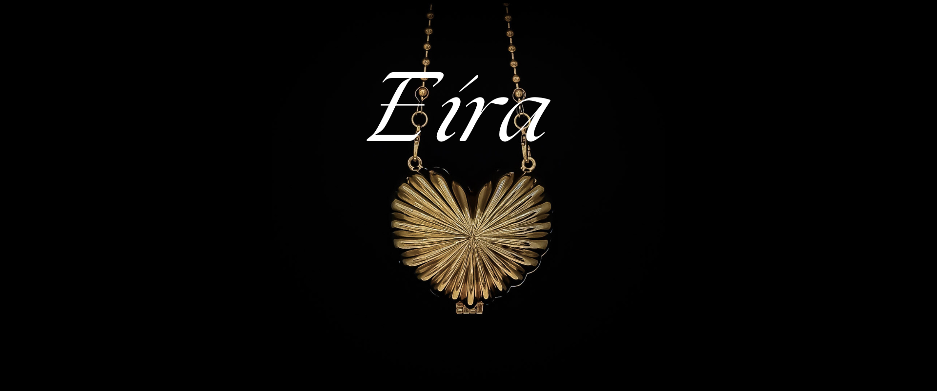 Gold heart-shaped metallic handbag on a black background with the brand name Eira.